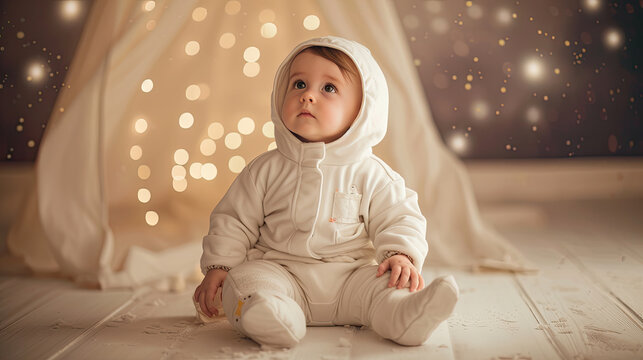baby dressed in a astronaut Halloween costume professional portrait photography in beautiful background matching the costume