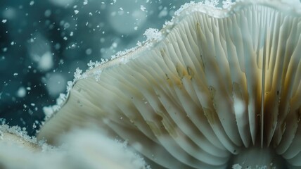 Close-up on the gills of a mushroom, with spores gently falling like snowflakes - obrazy, fototapety, plakaty