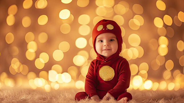 baby dressed in a red devil Halloween costume professional portrait photography in beautiful background matching the costume