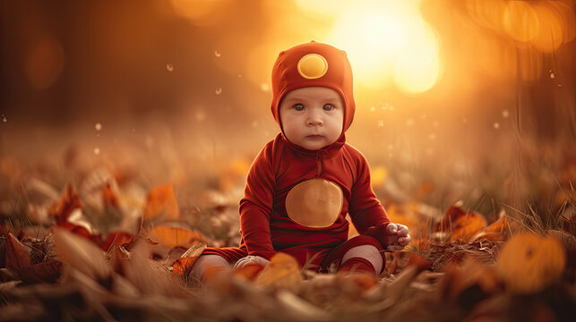 baby dressed in a red devil Halloween costume professional portrait photography in beautiful background matching the costume