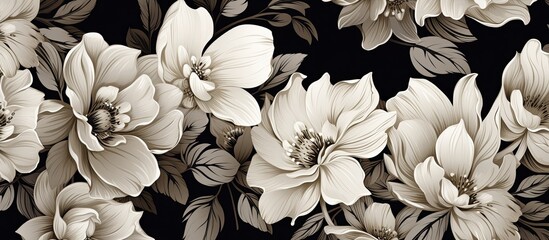 A closeup shot of white flowers contrasted against a black background, showcasing the beauty of...
