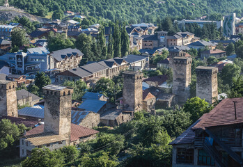 Fototapeta na wymiar Aerial view of Mestia town, Svanetia region, with historic Svan towers, Georgia