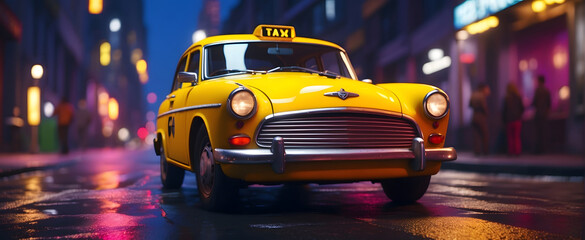 A classic yellow taxi stands out in a night cityscape with illuminated streets and a retro feel...