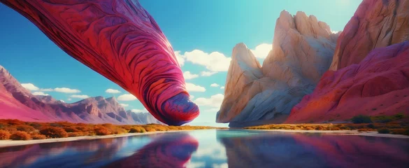 Papier Peint photo Lavable Réflexion A stunningly surreal landscape with a giant alien-like worm, vibrant colors, and majestic mountains reflected in a serene river