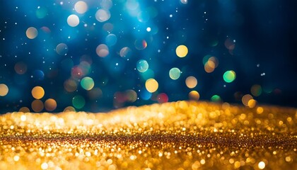 glittering and glowing gold texture with colorful bokeh on blue background generative