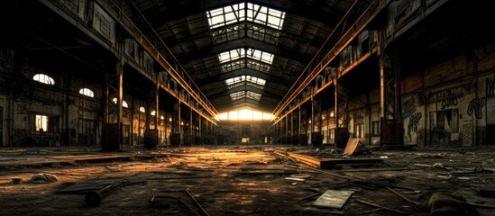 Abandoned industrial complex warehouse in high dynamic range image.