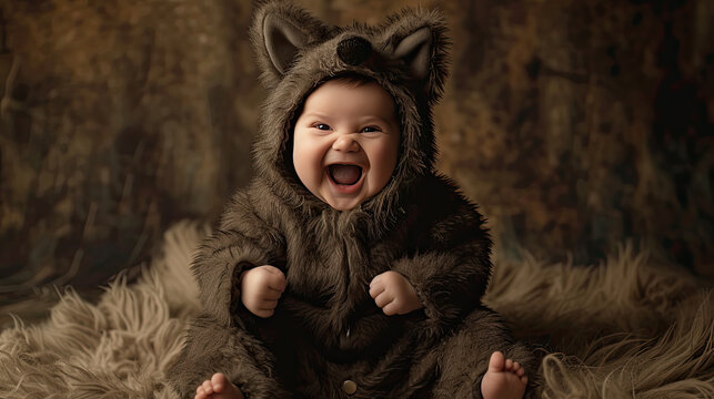 baby dressed in a animal Halloween costume professional portrait photography in beautiful background matching the costume