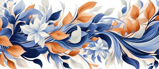 A vibrant floral pattern with azure and electric blue flowers and leaves on a white background,...