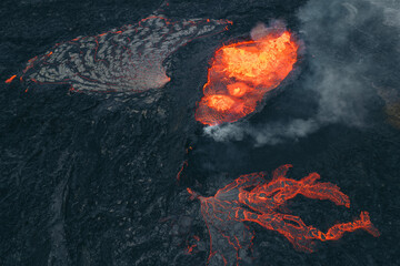Aerial view of molten lava flow in Icelandic landscape