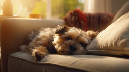 The pure delight of witnessing a small dog enjoying the comfort of a comfortable cushion, creating an image of relaxation. - obrazy, fototapety, plakaty