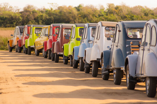 Group of Citroen 3cv of different colours in a street