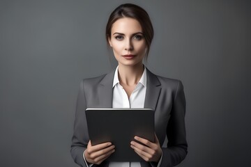 portrait of beautiful brown eyes and confident businesswoman in suit holding tablet on gray background with blank space