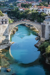 Aerial view of Old Bridge - Stari Most over Neretva river in Mostar city, Bosnia and Herzegovina