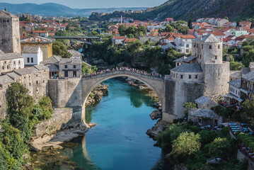 Fototapeta na wymiar Old Bridge - Stari Most over Neretva river in Mostar city, Bosnia and Herzegovina