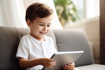 Joyful young boy sitting comfortably at home, engaging with a tablet and smiling. Young Boy with Tablet Smiling at Home - obrazy, fototapety, plakaty