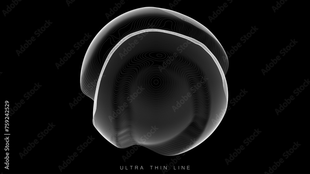 Poster ultra thin line fluid geometry. dynamic vector distorted spheres.