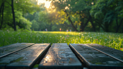 Close-up of a worn wooden picnic table with character, perfect for a summer picnic theme