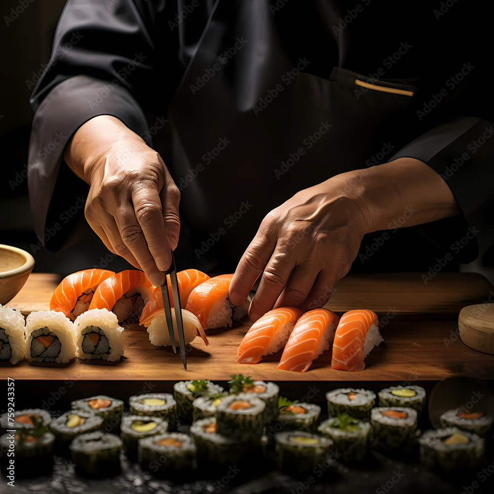 Canvas Prints A close-up of a sushi chef preparing delicate rolls