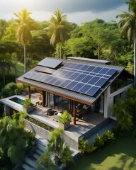 House with solar panels on the roof. Sustainable and clean energy at home.