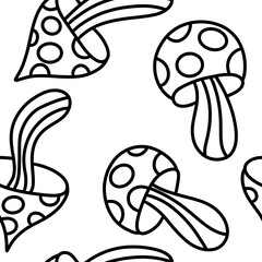 Cartoon autumn harvest seamless Halloween mushrooms with skulls pattern for wrapping paper and fabrics