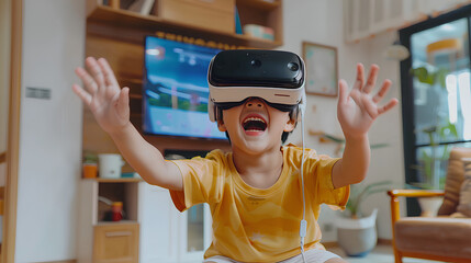 Fototapeta na wymiar Kid exploring virtual world with VR 