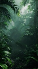 Verdant jungle leaves with sunlight filtering through. Dense tropical foliage background for botanical and nature concepts
