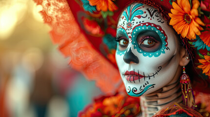 Day of the Dead skeleton dancers wearing colorful clothes, flowers, and makeup  - obrazy, fototapety, plakaty