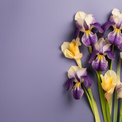 A collection of beautiful purple and yellow irises against a purple background.