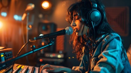 Female singer recording in a studio with microphone and headphones. Music production and artist concept. - obrazy, fototapety, plakaty