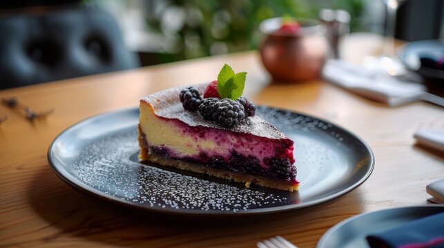 Food photography of  blueberry cheesecake with fresh berries on a wooden table in a cafe. Ai generative.