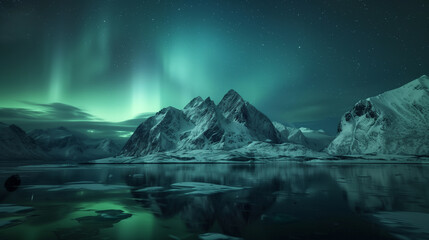 Aurora borealis on the Lofoten islands, Norway. Green northern lights above mountains. Night sky with polar lights. Night winter landscape with aurora and reflection on the water surface. Natural back - obrazy, fototapety, plakaty