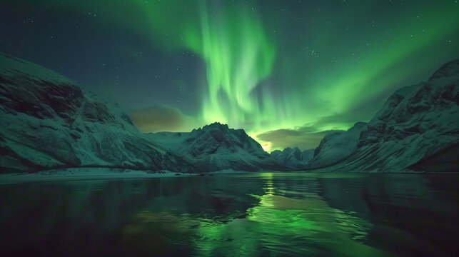 Aurora borealis on the Lofoten islands, Norway. Green northern lights above mountains. Night sky with polar lights. Night winter landscape with aurora and reflection on the water surface. Natural back