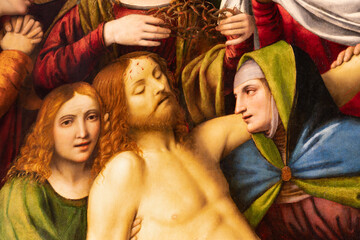 MILAN, ITALY - MARCH 7, 2024: The detail of renaissance painting of Deposition of Christ - Cappella della Passione in San Giorgio in Palazo church by Bernardino Luini (1516). - obrazy, fototapety, plakaty