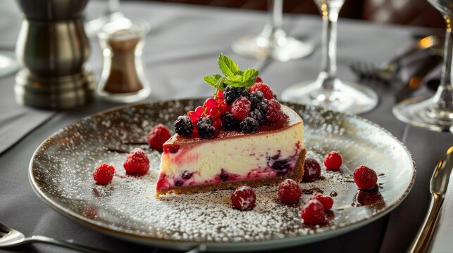 Food photography of  blueberry cheesecake with fresh berries on a wooden table in a cafe. Ai generative.