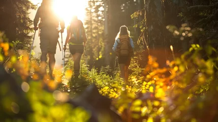 Fotobehang Hikers trekking on a forest trail at sunset. Outdoor exploration and adventure concept for design and print. © Andrey