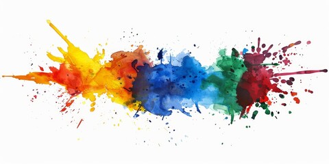 Explosive spectrum of watercolor splatters in primary colors against a pristine white background, symbolizing artistic freedom and creativity.