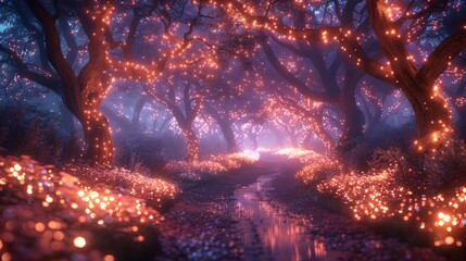 Night forest landscape with magical glow. Abstract forest, magic, fantasy, night, lights, neon. 3D illustration. 3D render. - obrazy, fototapety, plakaty