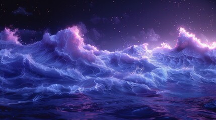 Dreamy seascape with beautiful waves and foam. Starry night, neon foam on water waves, reflection in water of the starry sky. 3D render.