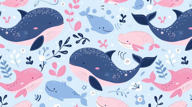 illustration of pink and blue whales generative ai