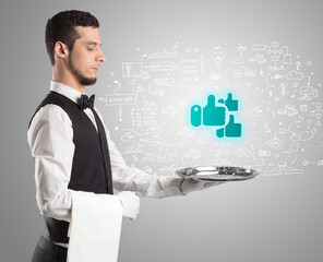 Close-up of waiter serving social media icons