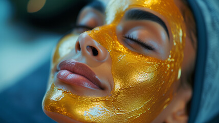 Woman relaxing with a luxurious gold facial mask at a day spa - 759246545