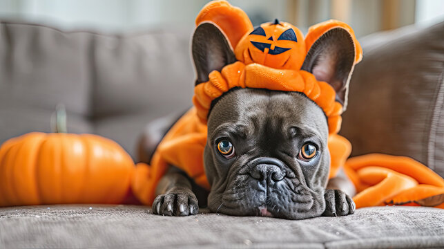 cute french bulldog looking at viewer while dressed in Halloween costume in a festive fall setting with jack-o-lantern pumpkins 