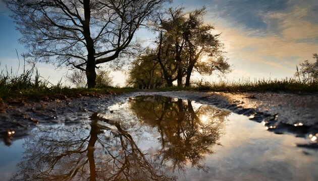 Generated image of  reflection of trees in a puddle 