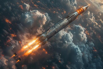 Missile seen from above soaring over urban setting - obrazy, fototapety, plakaty