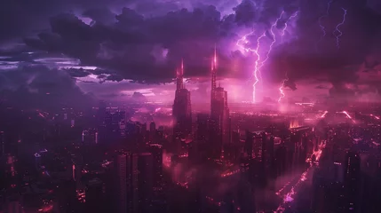 Zelfklevend Fotobehang Lightning storm over city in purple light © Natalina