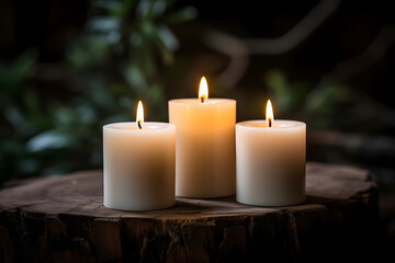 Fototapeta na wymiar Lit candles on dark background