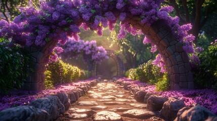 Fantasy scene with lilac bushes, stone arch, portal, entrance, unreal world. 3d rendering. Raster illustration.