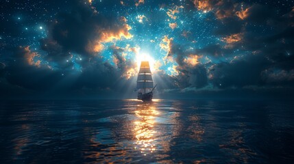 An imaginary seascape with a vintage sailboat in the open sea and a full moon. 3D illustration.