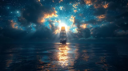 Abwaschbare Fototapete An imaginary seascape with a vintage sailboat in the open sea and a full moon. 3D illustration. © DZMITRY
