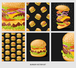 Set of food cards. Burger with meat, cheese, sauce and vegetables, tomato, onion and cucumber.  Cheeseburger  seamless pattern. Texture of burgers for fabric, wrapping, wallpaper. Decorative print
- 759248117
